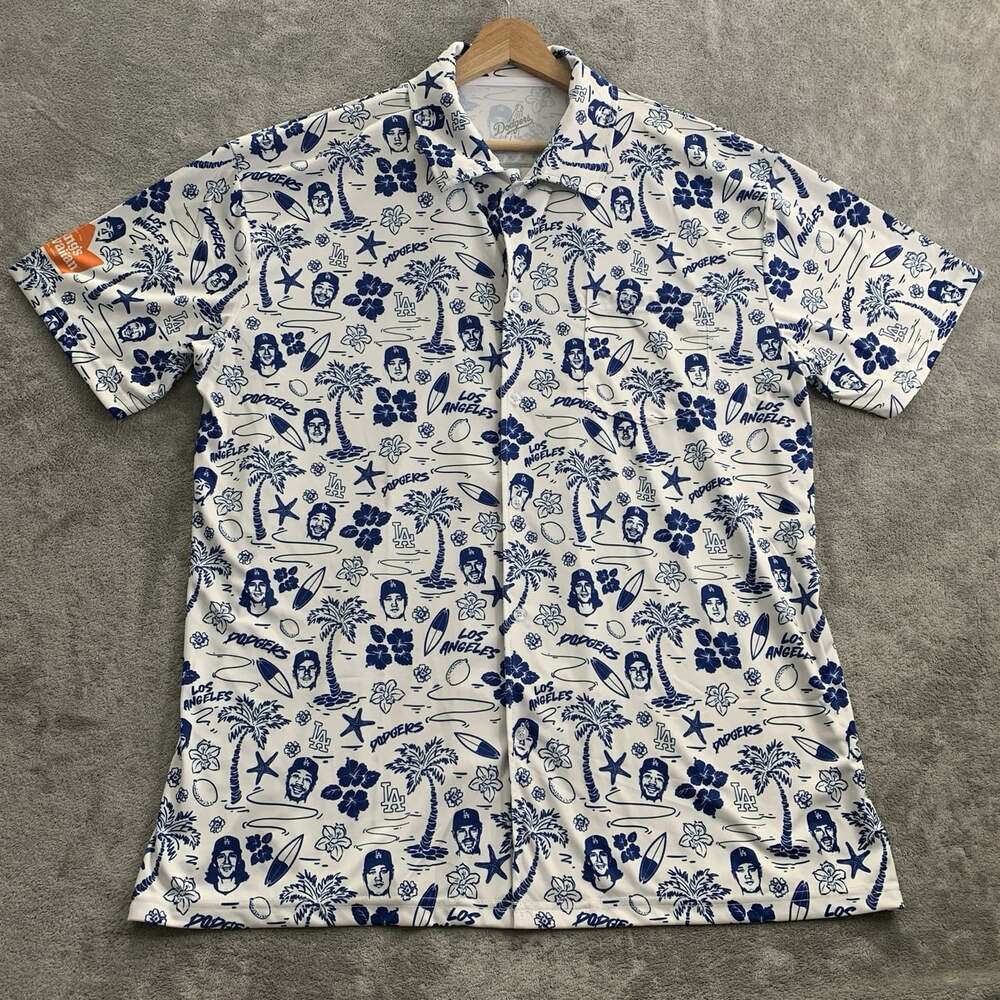 LA Dodgers Hawaiian Shirt Men XL SGA 2025 Summer Aloha White Blue Ohtani Freeman